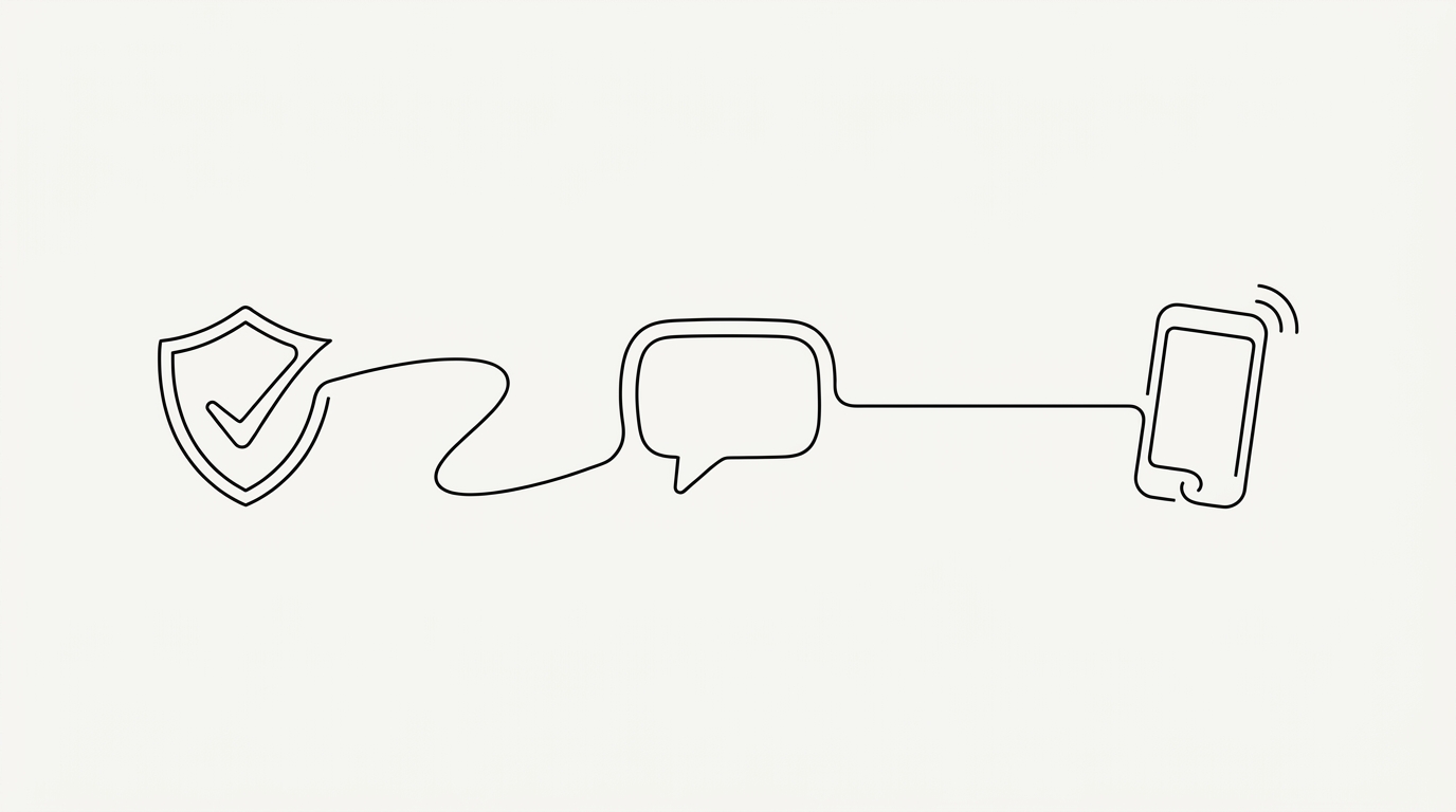 Line-art diagram: a registered brand then a text delivered via a US local number.