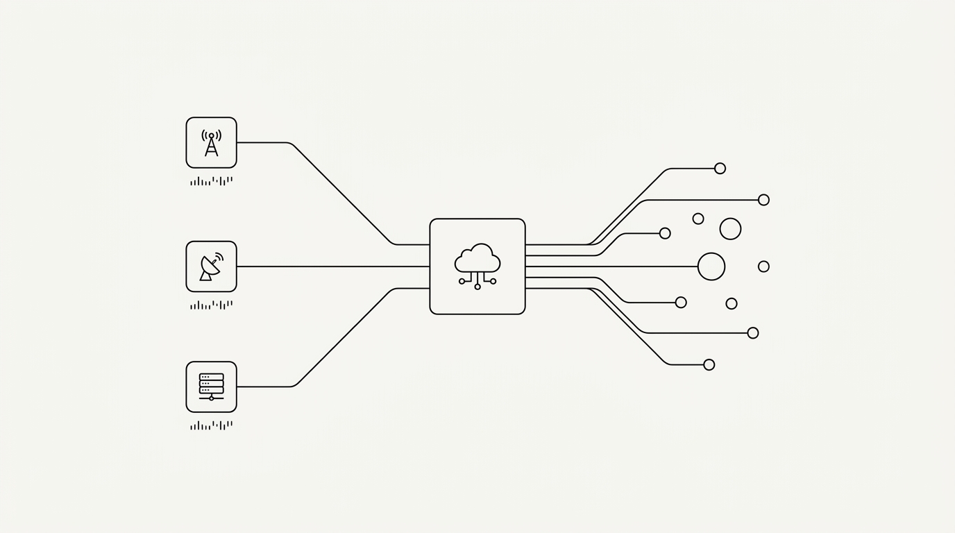 Schéma en line-art : trois fournisseurs télécom reliés à un hub logiciel central, puis à une équipe.