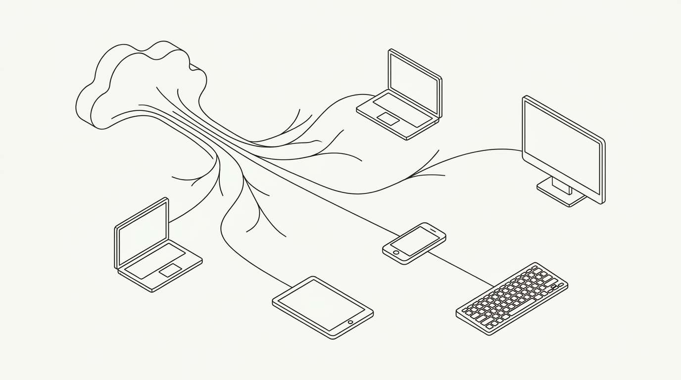 Line-art diagram: a cloud phone system linked to a distributed team.