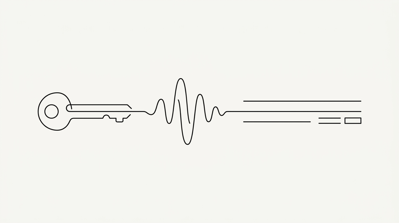 Schéma line-art : une clé IA personnelle branchée sur un flux d'appels transcrit.