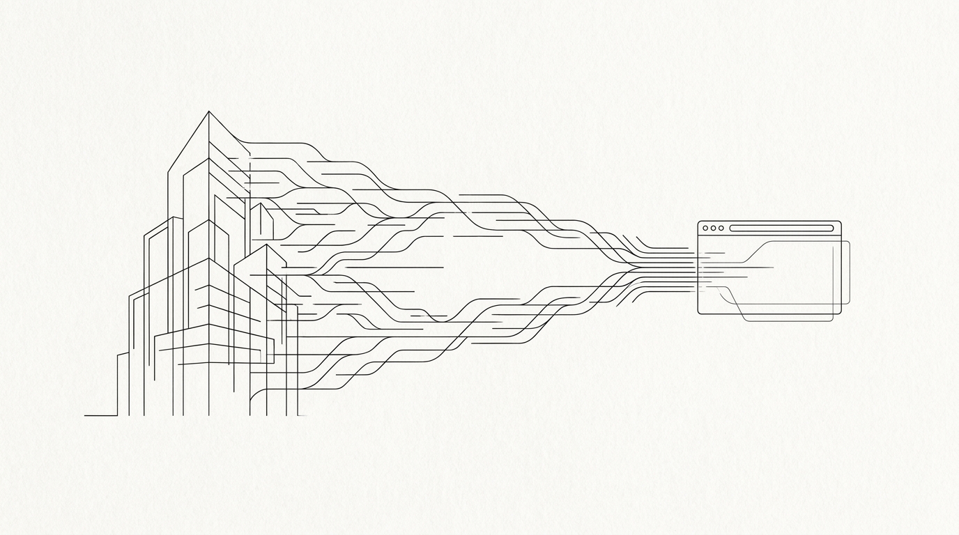 Line-art diagram: a business phone system dematerialized into the browser.