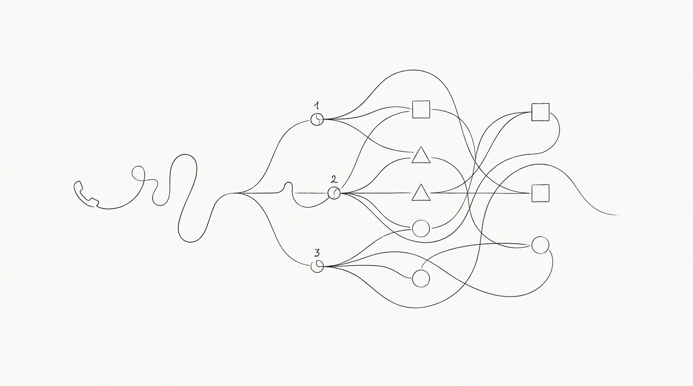 Line-art diagram: a voice menu routing a call to the right department.