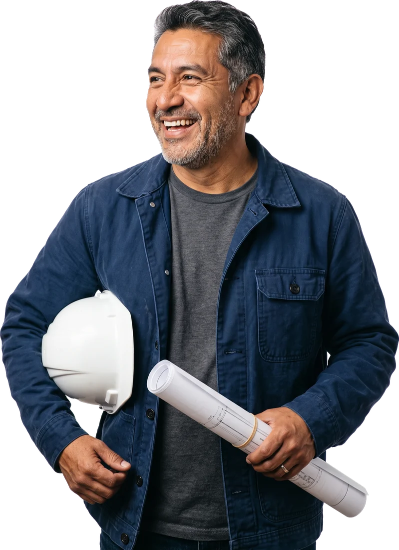 Un entrepreneur général en veste de travail, téléphone à la main