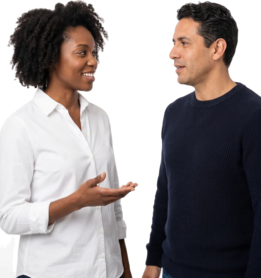Two colleagues from a small team mid-discussion