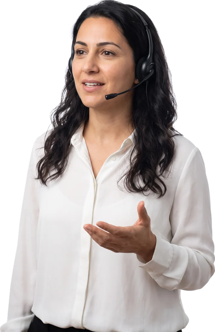 Une recruteuse au casque, une main ouverte en pleine conversation